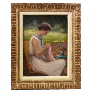 ANTIQUE PAINTINGS, PORTRAITS OF A WOMAN SEWING IN THE GARDEN, MID-TWENTIETH CENTURY. (QR577)
